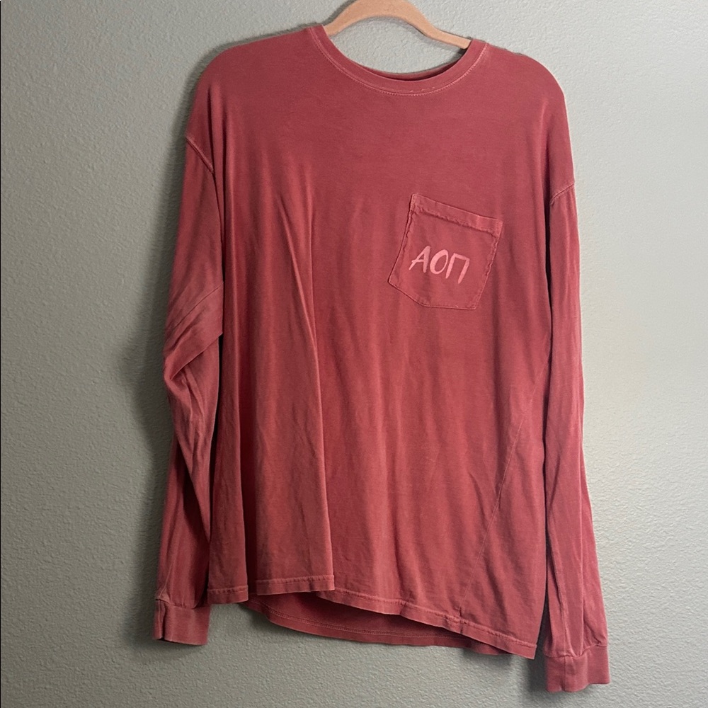 Pink Long Sleeve Shirt with Pocket Design alpha omicron pi AOII